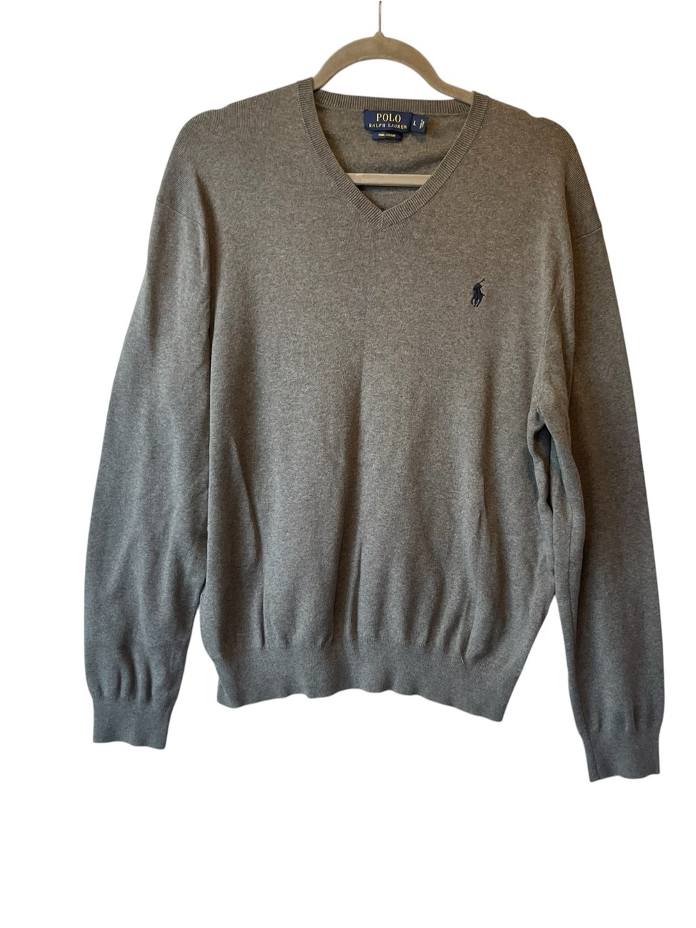 Polo Ralph Lauren jumper Sweater Large Gray V-neck Pima cotton Logo Mens FLAW